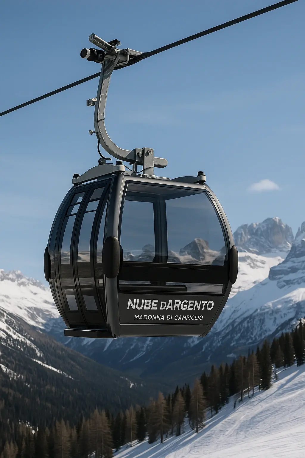Cabinovia moderna simile alla nuova telecabina Nube d’Argento a Madonna di Campiglio in ambiente invernale, con neve e cielo limpido.